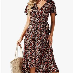 Womens Floral V Neck Ruffle Short Sleeve Midi Dress